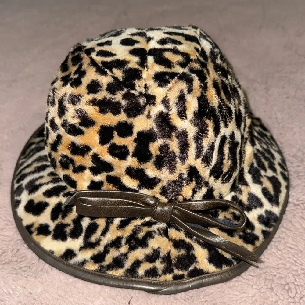 Faux Fur Leopard Print Bucket Hat with Brown Leather